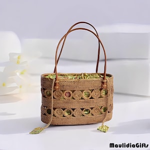Karawang Sundung Rattan Handtasche Vintage Look, Rattan Tasche, Boho Tasche, Etnic Tasche, Boho Tasche, Holztasche
