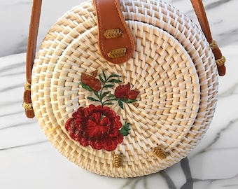 Handcrafted Round Rattan Ball Bag with Elegant Deco Design for Summer Outfits, Rattan Bag, Boho Bag, Etnic Bag, Bohemian Bag, Wooden Bag