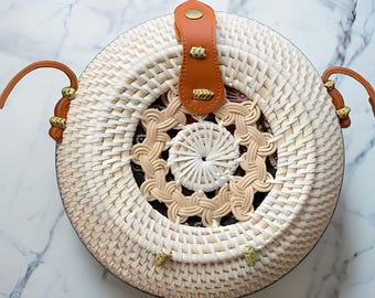 Round Rattan Bag Kendy Gendis – 20 cm Buckle Strap, Rattan Bag, Boho Bag, Bali Rattan Bag, Etnic Bag, Bohemian Bag, Wooden Bag
