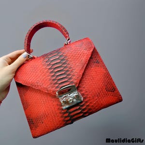 May include: A red handbag with a snakeskin pattern and a silver clasp. The bag has a curved handle and a structured shape. The snakeskin pattern features black and red scales. The bag is held by a hand.