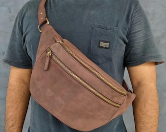 Men's Genuine Crazy Horse Leather Waist Bag, Vintage Crossbody Sling Bag