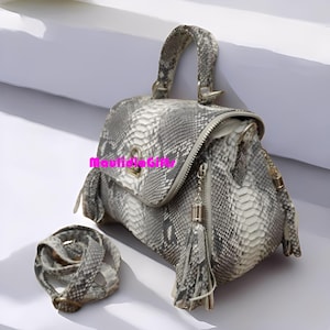 May include: A gray and white snakeskin handbag with a matching bracelet. The handbag has a top handle, a zipper closure, and a tassel. The bracelet is coiled. The bag has a gold-colored lock.