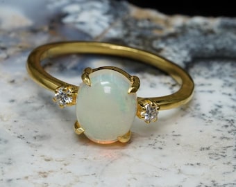 Natural Opal Ring, Stacking Gold Plated  October Birthstone, Handmade Dainty Jewelry Gift For Her
