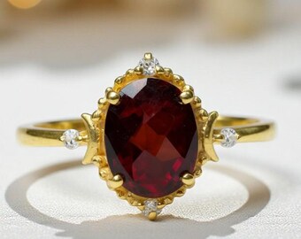 Natürlicher Granat Moissanit Ring, 14K Gold, himmlischer Halbmond Ring Januar Geburtsstein