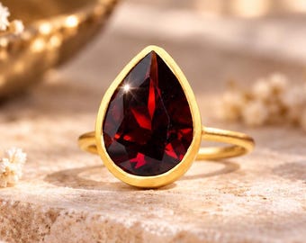 Natural Garnet Statement Ring 14k Gold Big Tear Drop January Birthstone Gift For Christmas