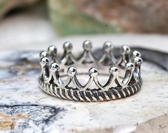 925 Sterling Silver Princess Crown Ring Textured Punk Inspired Unisex Retro Street Style Jewelry
