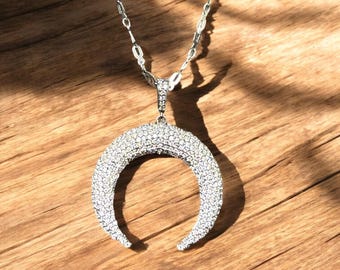 Crescent New Moon Pendant Sterling Silver : White Topaz Celestial Necklace