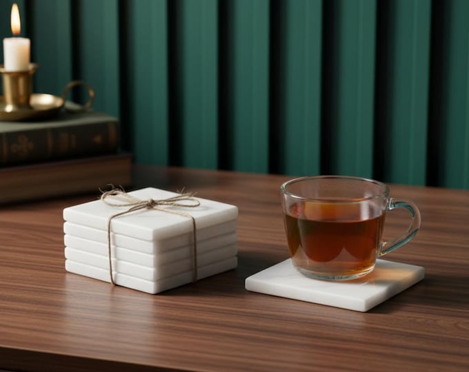 Featured listing image: Handcrafted  White Marble Coaster, Set of 6 Square Coasters