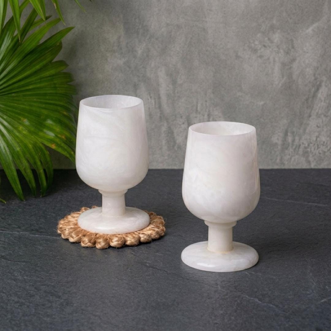 White Marble Wine Glasses Set | Handmade Stone Goblets, Set of 2 (13cm ...