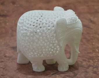 Elefante tallado a mano, estatua de mármol blanco, figura animal calada, escultura Jali de la suerte, regalo de inauguración de casa