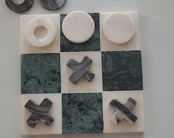 White and Green Marble Handmade Marble Tic Tac Toe Board Game Coffee Table Decor