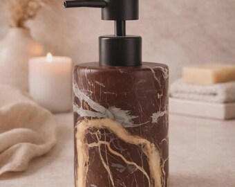 Dispenser per Sapone in Marmo Rosso Levanto | Pompa per Lozione in Pietra Borgogna, Accessorio da Bagno Cilindrico