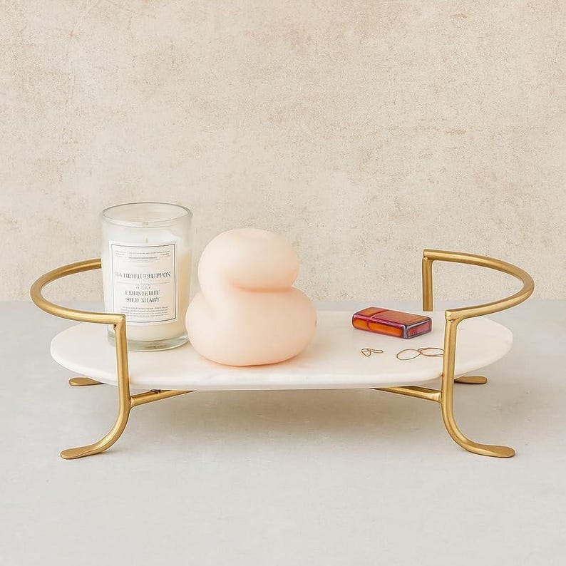 Luxury white faux marble decorative tray with gold metal handles