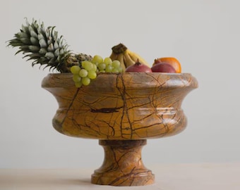 14 Inch Natural Rainforest Marble Pedestal Bowl, Large Fruit Bowl for Kitchen Counter, Luxury Stone Centerpiece Decor
