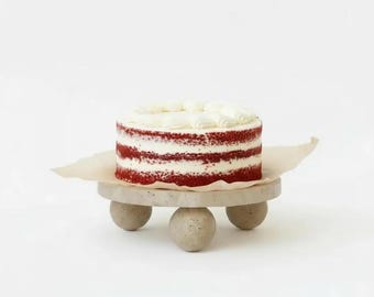 Beige Travertine Cake Stand, Natural Stone Pedestal with Ball Feet