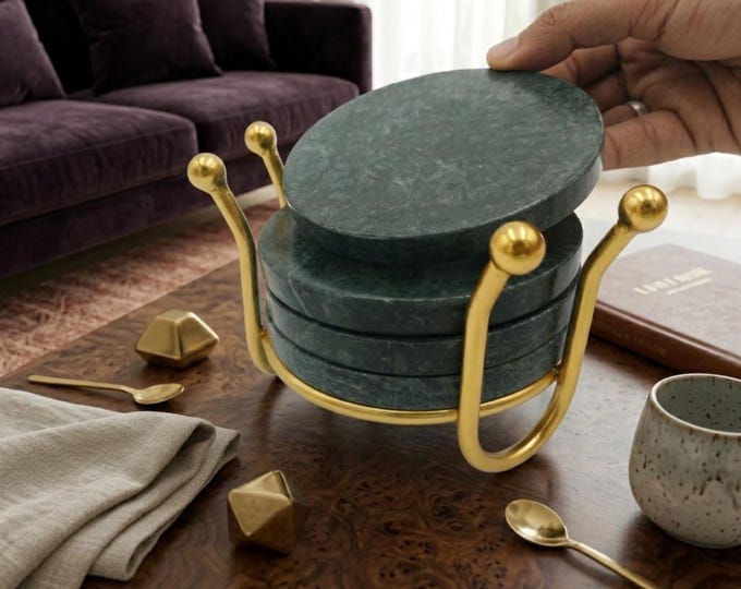Featured listing image: Green Marble Coaster Set with Antique Metal Holder | Luxury Drink Coasters