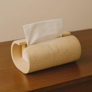 Puede incluir: Un portapañuelos cilíndrico beige con una superficie texturizada. Los pañuelos blancos se sacan por la abertura superior. El soporte está hecho de un material similar a la piedra y se encuentra sobre una superficie de madera.