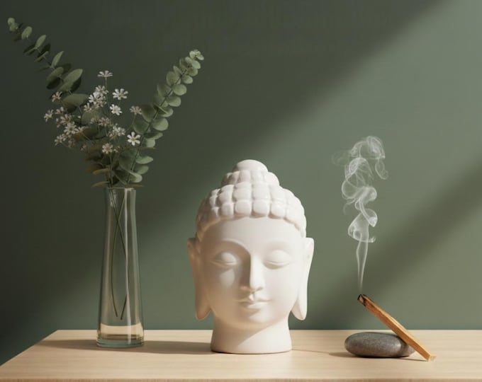 Featured listing image: Hand-Carved Marble Buddha Statue Head with Floral - A Symbol of Peace and Serenity