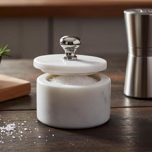 Salero de Mármol Blanco con Perilla Plateada, Cuenco para Especias de Cocina