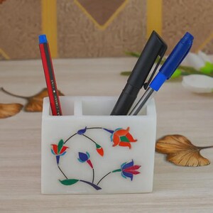 White Marble Pen Holder, Inlay Art Desk Organizer, Pietra Dura Pencil Cup, Luxury Office Decor, Corporate Gift for Him