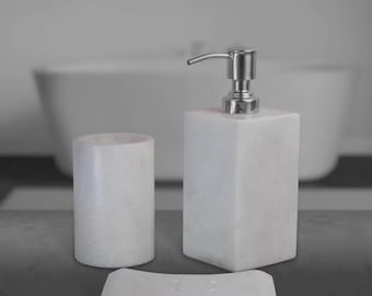 3 Piece White Carrara Marble Bathroom Accessories Set, Luxury Soap Dispenser, Soap Dish and Tumbler, Spa Bathroom Decor