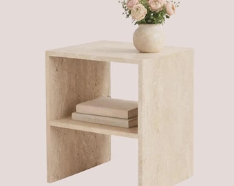 Luxury Travertine Side Table, Natural Stone End Table with Shelf, Minimalist Nightstand, Aesthetic Marble Bedside Table
