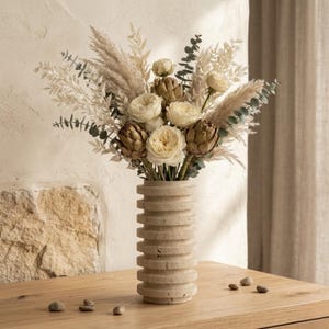 Handmade Ribbed Travertine Vase Set, Minimalist Stone Flower Pot, Scandi Wabi Sabi Decor