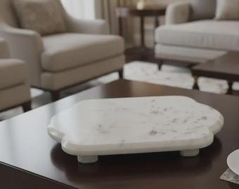 White Marble Scalloped Pedestal Tray – 12x6 Inch Footed Riser, Serving Platter