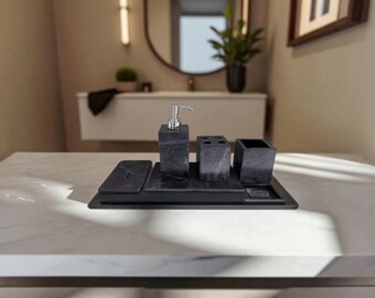 Luxuriöses schwarzes Marmor-Badezimmer-Set – Seifenspender, Zahnbürstenhalter, Becher und Tablett