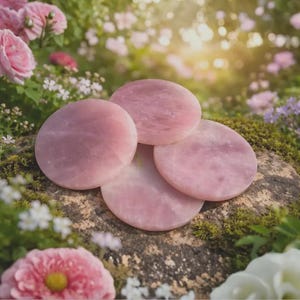 Pode incluir: Um conjunto de quatro pedras de quartzo rosa circulares e lisas com um tom rosa pálido e acabamento polido. As pedras estão empilhadas num grupo, exibindo a sua textura cristalina translúcida e bordas arredondadas ao ar livre.