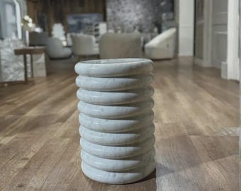 Luxury White Marble Side Table, Handcrafted Ribbed Stone End Table, Modern Fluted Nightstand, Aesthetic Marble Pedestal