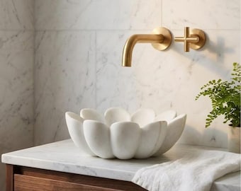 Lavabo de mármol blanco con forma de flor de loto, lavabo artesanal para baño, lavabo de piedra floral de lujo, lavabo de mármol natural tallado.
