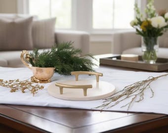 Handmade Round White Marble Tray with Gold Handles, Natural Stone Decorative Serving Plate, Vanity Organizer