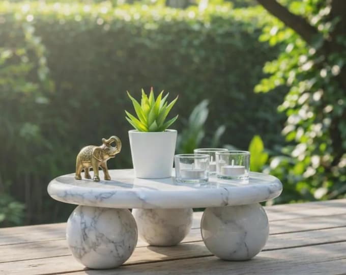 Featured listing image: White Marble Pedestal Tray | Round Natural Stone Riser, Sphere Legs, Minimalist Décor