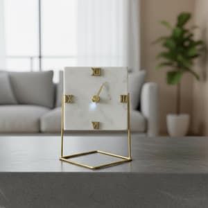 White Marble Square Desk Clock, Brass Stand, Roman Numeral Table Clock