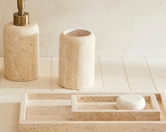 Juego de bandejas de travertino beige – Organizador de tocador de piedra grande y pequeño, decoración de baño