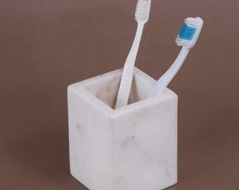 White Marble Toothbrush Holder, Square Stone Bathroom Cup, Vanity Organizer