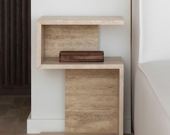 手作りのトラバーチンサイドテーブル：収納付き天然石ナイトスタンド