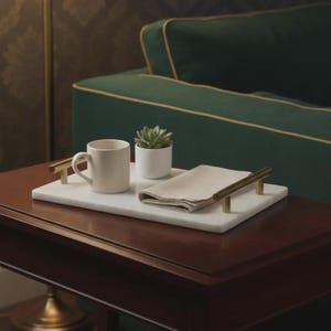 Pode incluir: Uma bandeja de servir em mármore branco com alças de latão contém uma caneca branca, uma pequena suculenta em vaso e uma toalha de mesa bege dobrada. A bandeja está sobre uma mesa de madeira escura, com um sofá verde ao fundo.