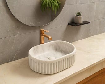 White Marble Fluted Vessel Sink – 24 Inch Oval Natural Stone Bathroom Basin