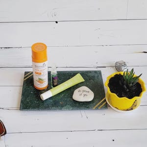 May include: A rectangular green marble tray with gold-tone stripes holds an orange Biotique Sun Shield bottle, a small Nelio spray bottle, a light green tube, and a white stone with the text So proud of you. A yellow pot with a succulent sits nearby.