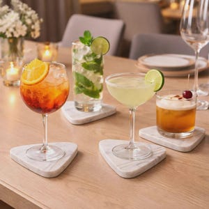 Pode incluir: Quatro cocktails distintos servidos em vários copos, cada um sobre um porta-copos triangular de mármore branco. As bebidas incluem um spritz com laranja, um mojito com hortelã, um martini com lima e um cocktail escuro com uma cereja.