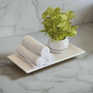 May include: A rectangular white marble tray holds three rolled white cotton towels and a small potted plant. The plant features variegated light green and yellow pointed leaves housed in a smooth, round white ceramic pot with a matching saucer.