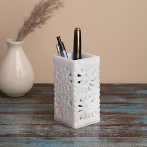 Hand-Carved Marble Pen Holder, Jali Floral Carving Desk Organizer, Office Decor