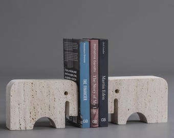 Sujetalibros de elefante de travertino, decoración safari de piedra natural, acento minimalista para escritorio