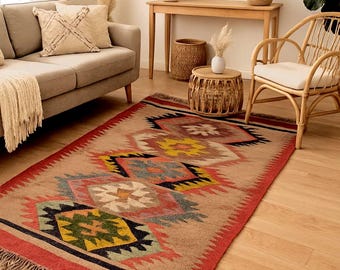 Tappeto Kilim Dhurrie fatto a mano in lana e iuta: design tradizionale indiano