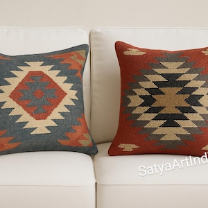 Handwoven Kilim Pillow Cover Set: Vintage Turkish Jute Cushion, Bohemian Decor