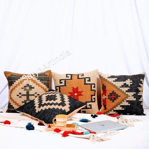 Handwoven Kilim Pillow Cover Set of 4: Vintage Turkish Bohemian Decor