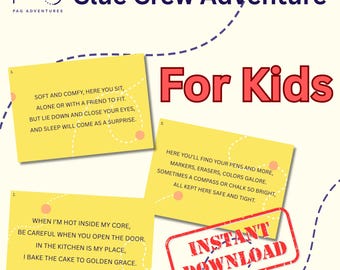 May include: A promotional image for a children's activity. The image features the text "Clue Crew Adventure" and "For Kids." Several yellow cards with clues are displayed, along with a red "Instant Download" stamp.