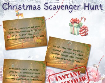 Peut inclure: Un jeu de piste de Noël imprimable avec trois cartes d'indices, des illustrations de cadeaux et le texte "Téléchargement instantané". Les cartes présentent des poèmes festifs. Le fond comprend des flocons de neige et des ornements de Noël.